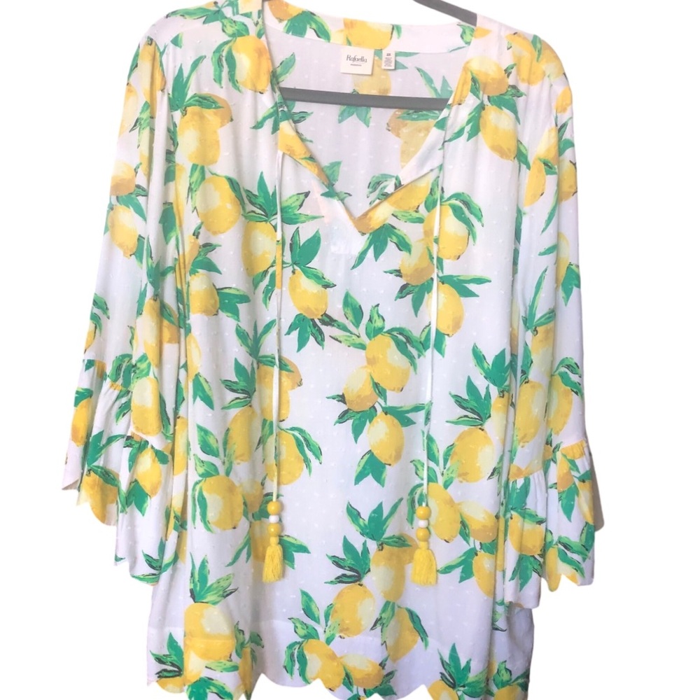 Rafaelka Lemon Print V-Neck Tunic Top - White and Yellow